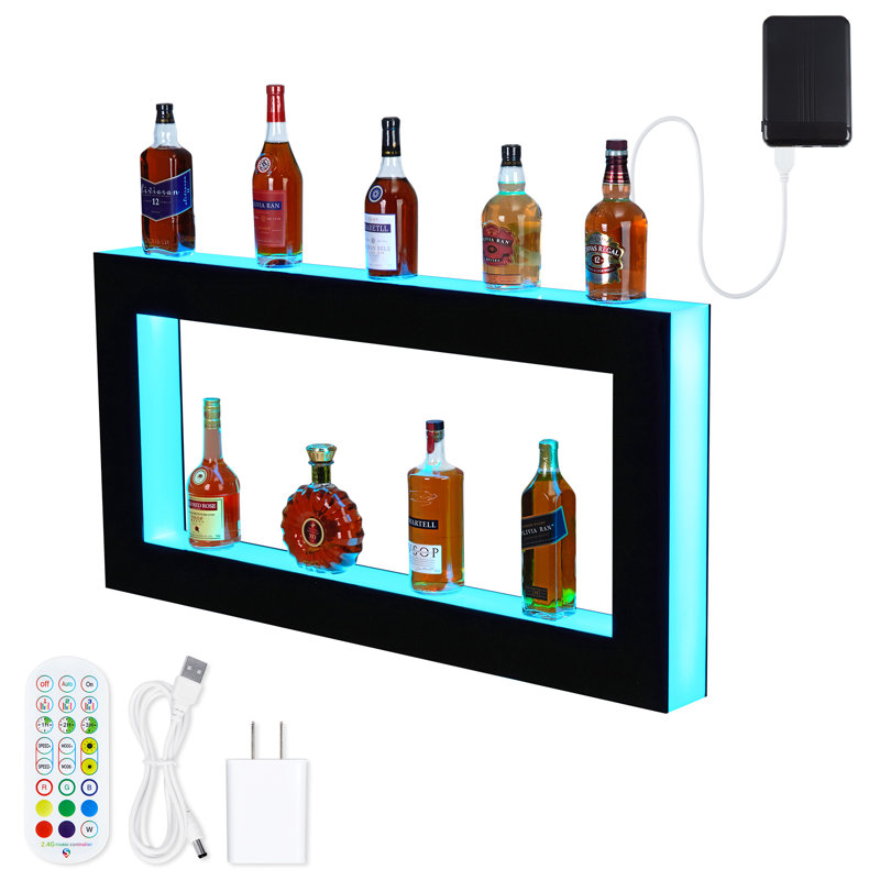 Tablette de présentation de 48 pouces à 2 niveaux pour bouteilles de boissons alcoolisées, tablette de bar murale lumineuse avec télécommande
