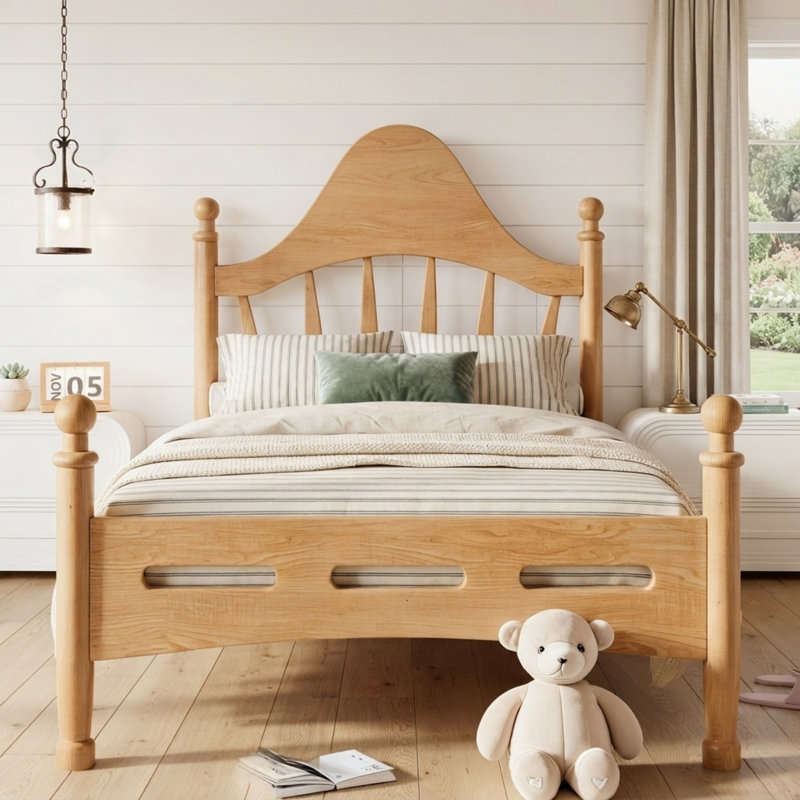 Base de lit plateforme en bois de pin massif avec tête de lit courbée élégante, sommier à lattes en bois robuste, Twin