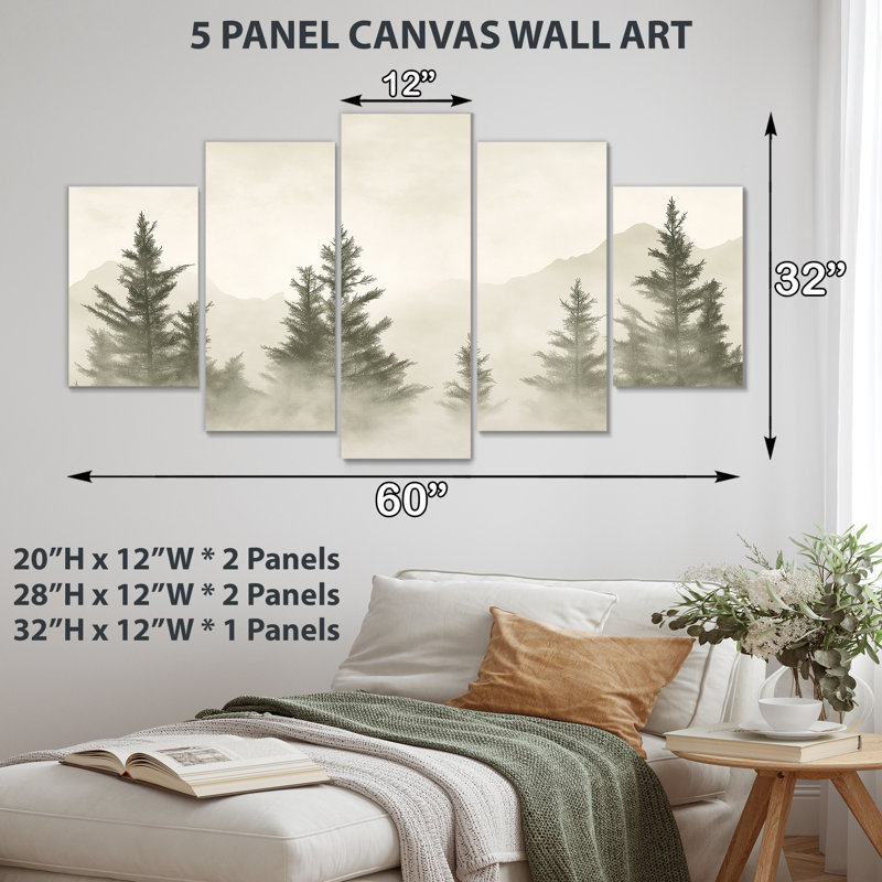 Art mural cèdre, toile forêt brumeuse, cèdre brume bleue 5 pièces
