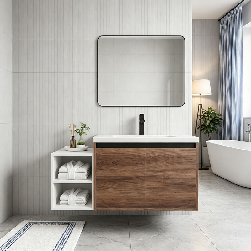 Meuble-lavabo mural de 42 po avec lavabo de comptoir en résine et 1 tablette de rangement, 2 portes à fermeture douce (KD-Packing)