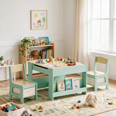 Kids Table And Chairs Set, 4 In 1 Toddler Art Desk With Storage Drawer, Wooden Activity Deskboard, Blackboard, Reversible & Detachable Tabletop, Bookshelf For Drawing, Playing, Learning(Green)