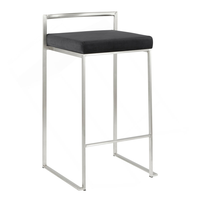 Tabouret de comptoir empilable contemporain en acier inoxydable avec coussin de velours noir Fuji par Lumisource - ensemble de 2