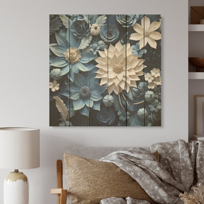 Fleurs de poinsettias blanches et bleues - Art de poinsettias sur bois de pin naturel