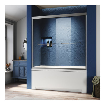 Porte de baignoire coulissante en verre de l 56 à 60 po x H 57 po, porte de baignoire double sans cadre, verre trempé transparent épais et certifié, poignées en acier inoxydable 304.