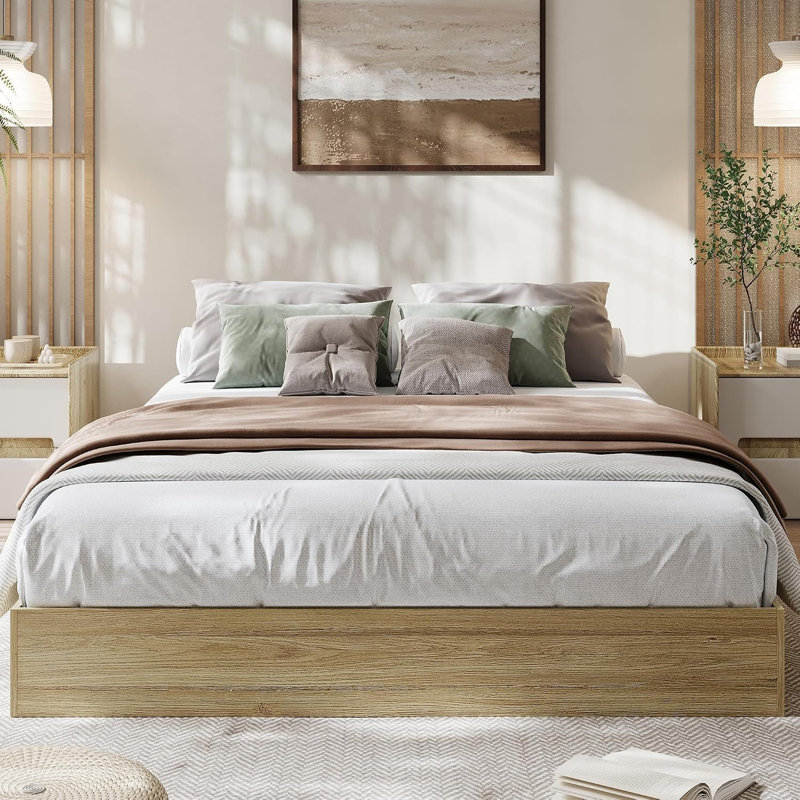 Floor Standing Bed Frame with Wooden Slat, Support, No Box Spring Needed, Noise Free & Easy Assemble, Modern Minimalist Bedroom Furniture for Apartments