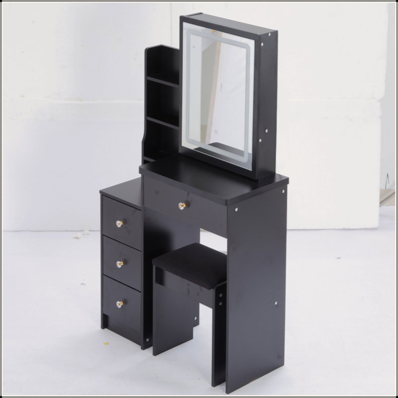 Small Size Left Bedside Cabinet Vanity Table + Cushioned Stool, Touch Control Sliding LED Mirror, Tri-Color Switching, Brightness Adjust, Multi Layer, Suitable For Small Space, EPA,GCC,UL Certificate