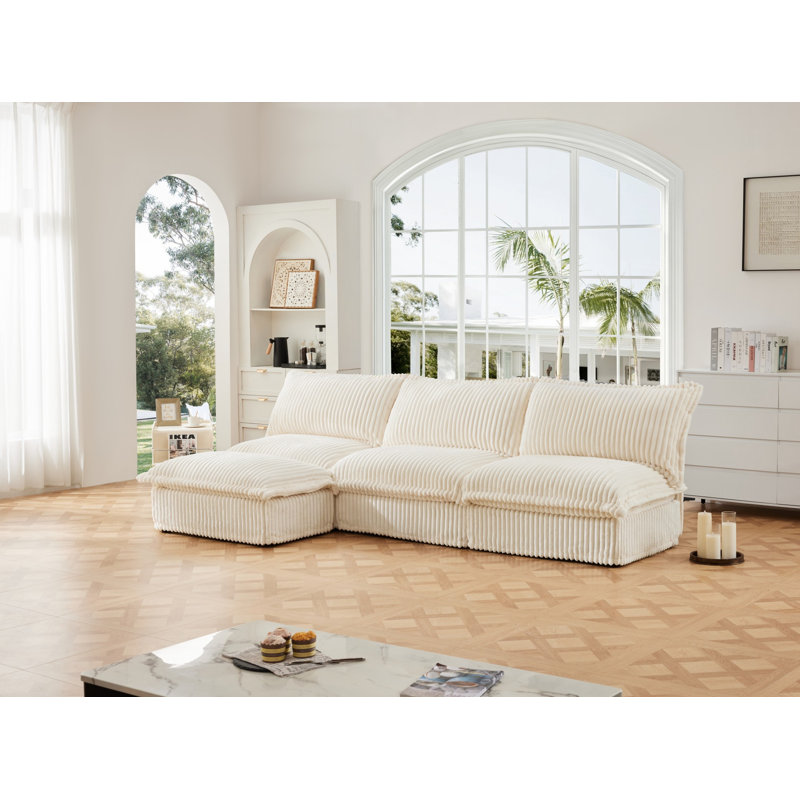 Canapé moderne sans accoudoirs 3 places Kemble, Velours côtelé crème, H 34,63 po x l 109,83 po x P 55,03 po