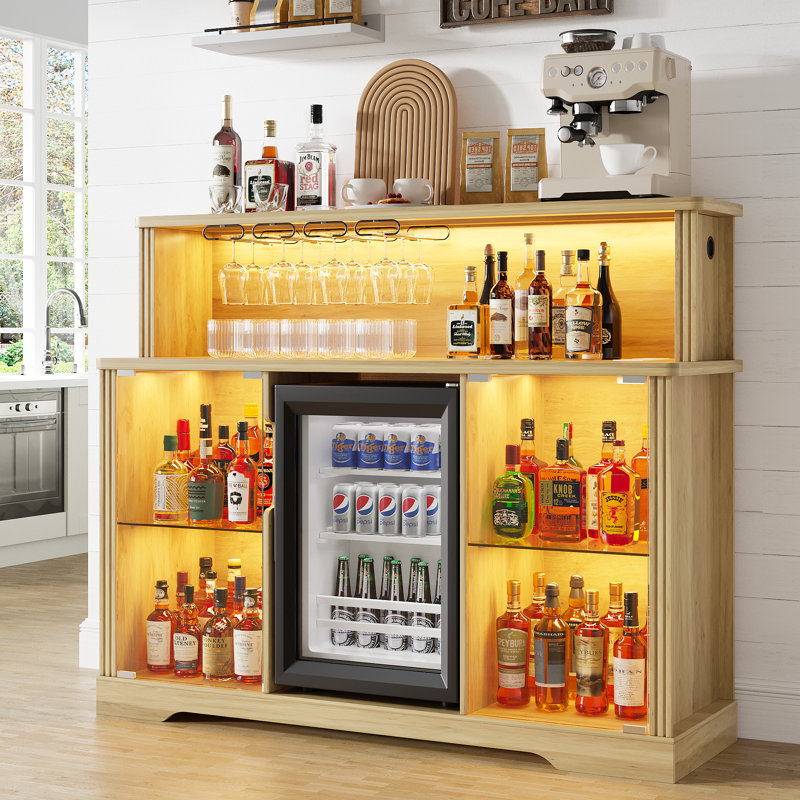	Glass Wine Cabinet with Freestanding Wine Cooler Refrigerator, 4 Removable Wine Shelves, RGB Light, Oak