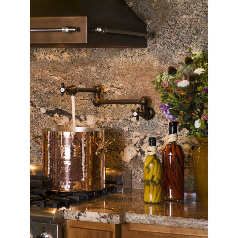 Country Kitchen Two Handle Wall Mounted Swing Arm Fold Away Pot Filler Faucet with Handles, Tuscan Brass, Cross Handles