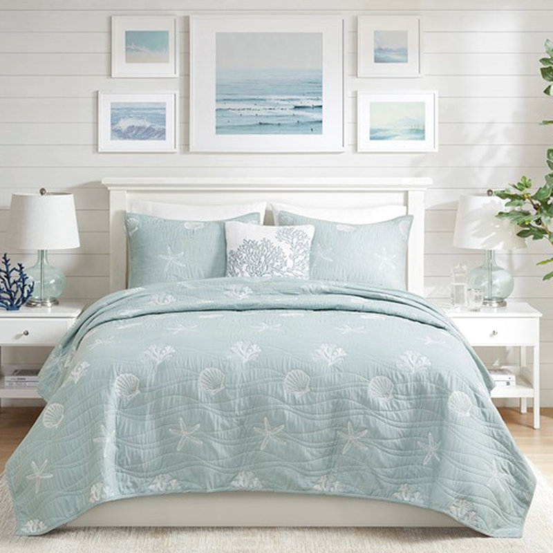 Lit double en coton double / grand Corail brodé, motifs de courtepointe décoratifs de chambre à coucher 4 pièces, coussins,
