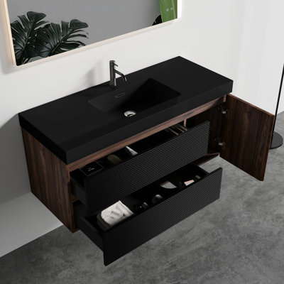 Wall Mounted Floating Bathroom Vanity 48" With Matt Black Sink, 2 Drawers And 1 Door, E1 Grade Panels, Wood Grain Sides, Hidden Handle For Modern - Walnut Design, Silent Drawers, Materials, High Edge
