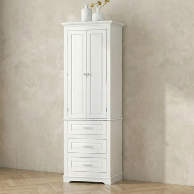 70" White Freestanding Storage Cabinet With 3 Drawers For Bathroom/office