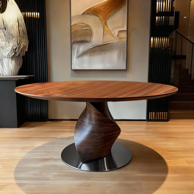 59" Solid Wood Dining Table Round Walnut Kitchen Room Cardoza