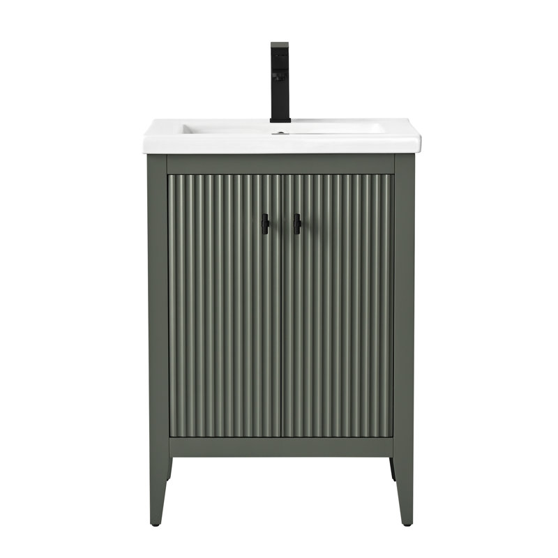 Single Bathroom Vanity with Ceramic Top, Linear Vintage Green, Matte Black, 24"