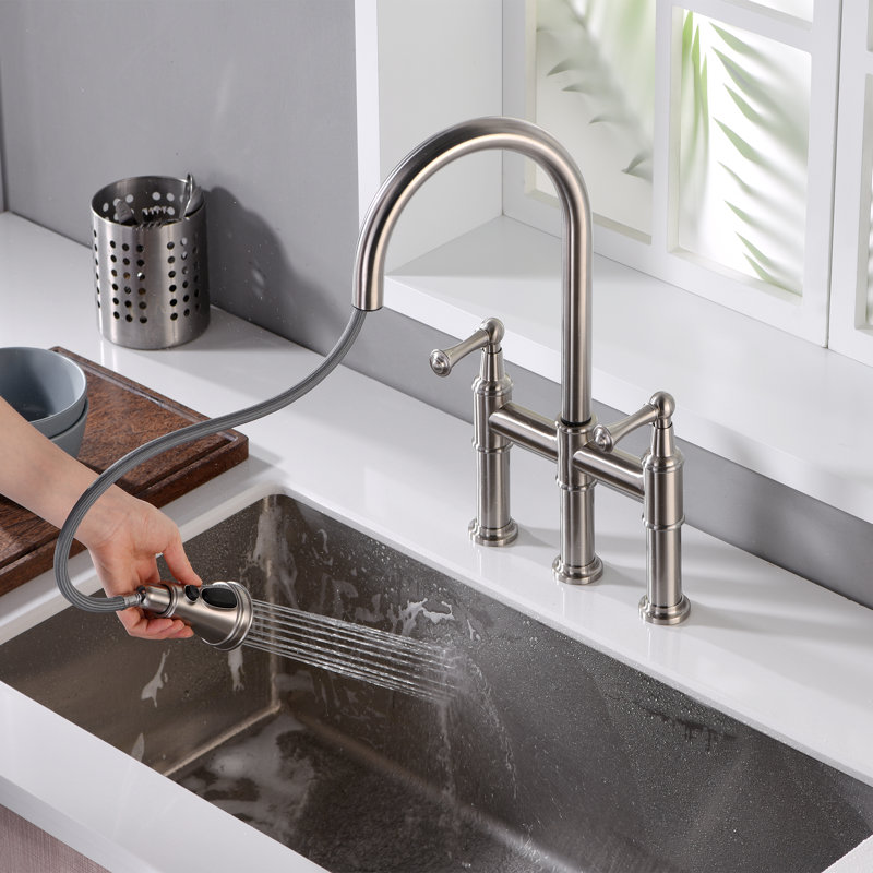 Bridge Pull Down Kitchen Faucet, 3 Hole 8 Inch Kitchen Sink Faucet, Brushed Nickel