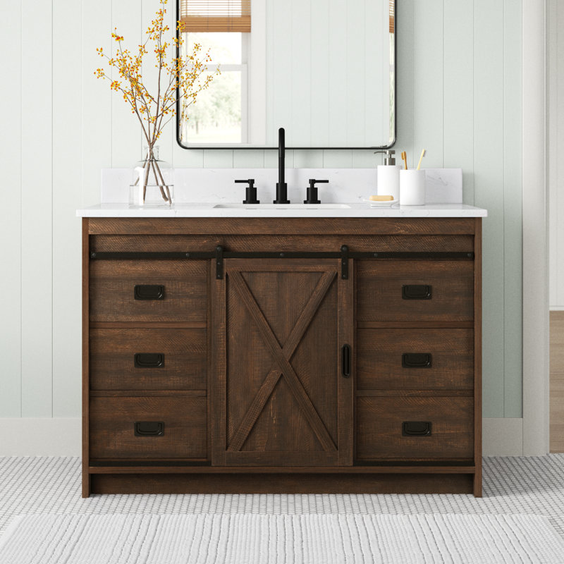 Jillian 48'' Single Bathroom Vanity with Engineered Stone Top, Rustic Brown/Matt Black