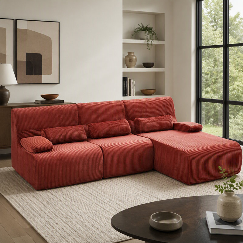 Canapé modulaire moderne en L de 98 po, Velours côtelé rouge