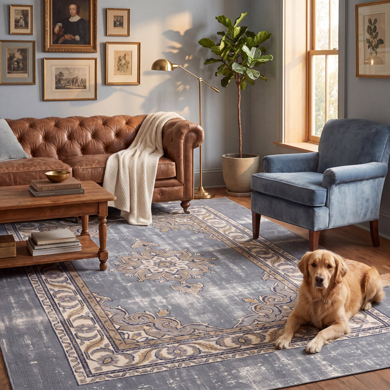 Tapis Wintercress de style vintage, bleu marine, crème, or et beige, antidérapant, à poils courts, pour l'intérieur et l'extérieur, adapté aux animaux domestiques, salon, chambre, salle à manger, entrée, couloir, bureau, lavable