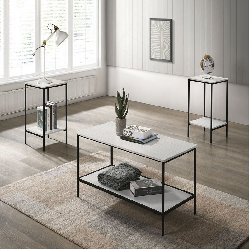 Ensemble de table 3 pièces de style rustique à finition blanche 1 table basse 2 tables de bout style minimaliste