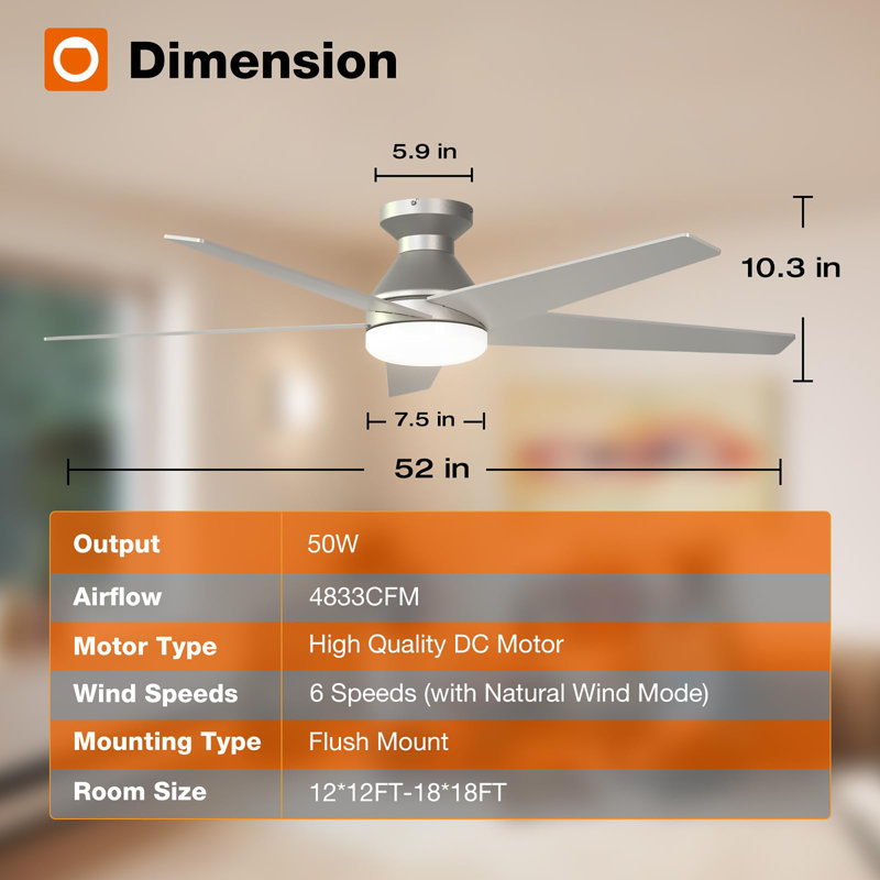 52 inch Low Profile Ceiling Fan with Light and Remote Control, Silver