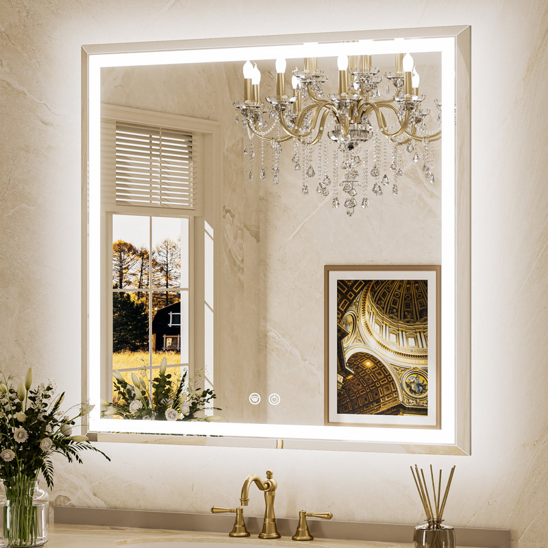 Miroir de salle de bain biseauté à DEL à l'avant et à l'arrière en verre trempé anti-buée à intensité variable, Carrée