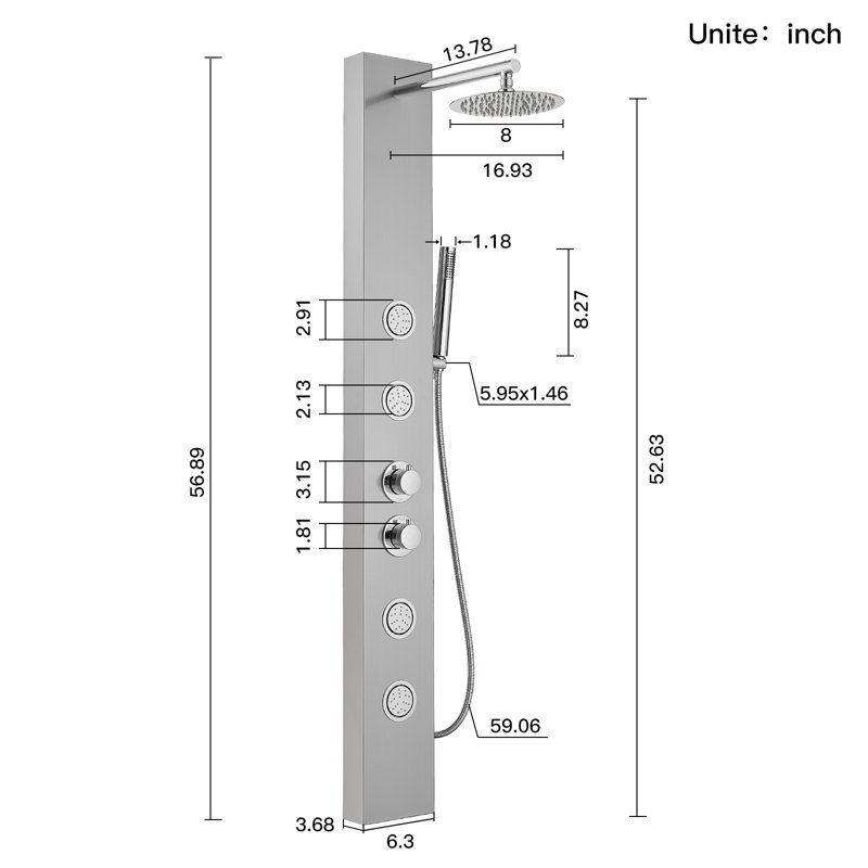 3-way Diverter Shower Tower Panel System with Adjustable Shower Head, Nickel Chrome