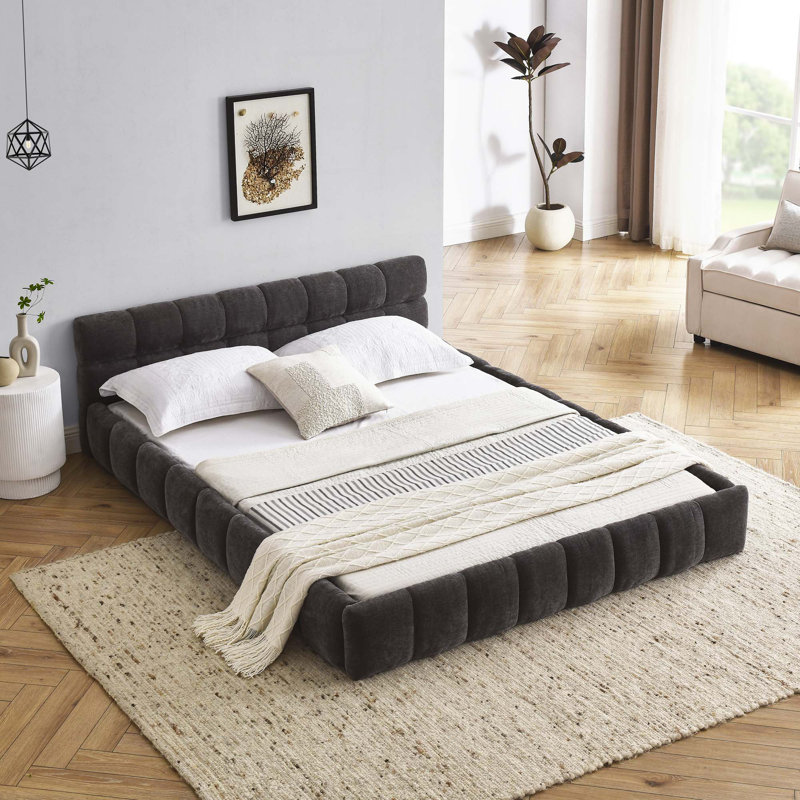 Structure de lit tapissier avec tissu épais, lit plateforme en chenille avec tête de lit et structure solide, aucun sommier nécessaire
