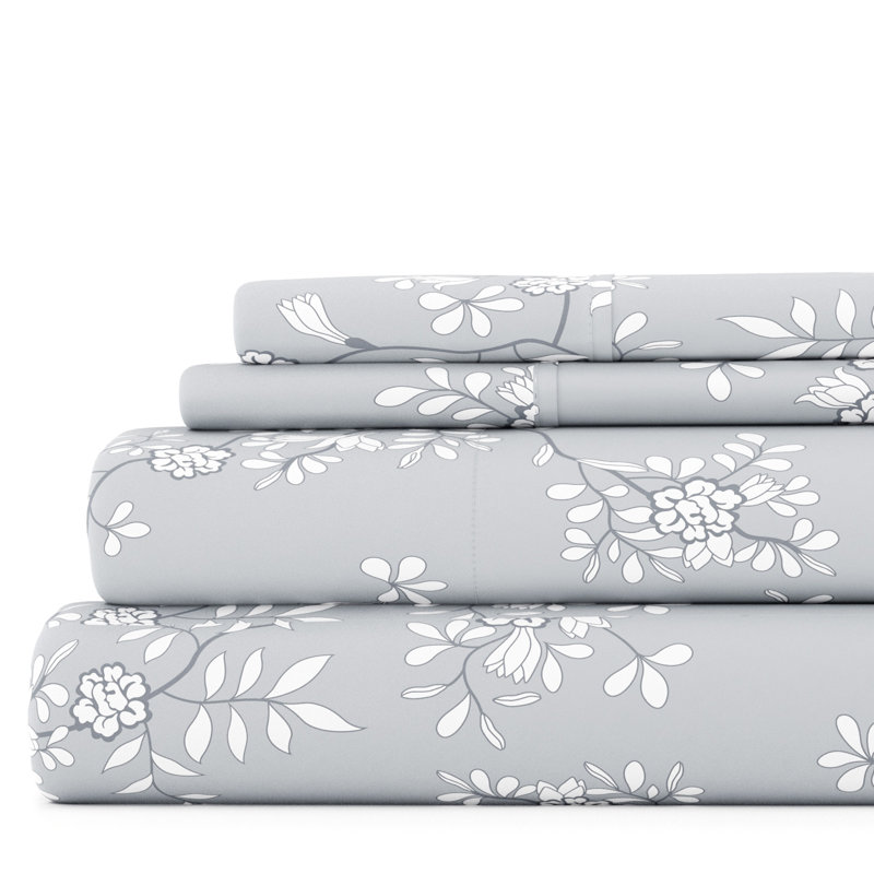 Light Gray Floral Vine Queen Microfiber Sheet Set