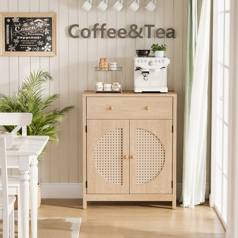 Rattan Sideboard, 26" Buffet Cabinet with Adjustable Storage Shelves and Drawer for Dining Room or Living Room, Natural Oak