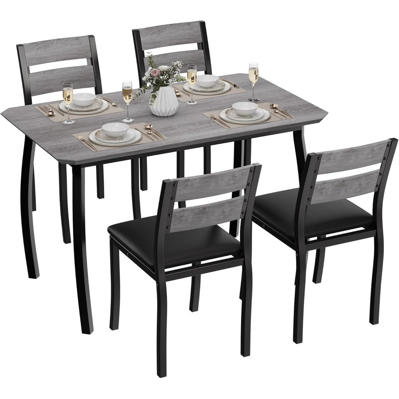 Dining Table Set for 4, Modern Kitchen Table Chairs Set of 4 with Chamfered Edges & Cushioned Seats, Space-Saving Metal Frame Breakfast Nook for Small Spaces, Dining Room, Apartment, Grey