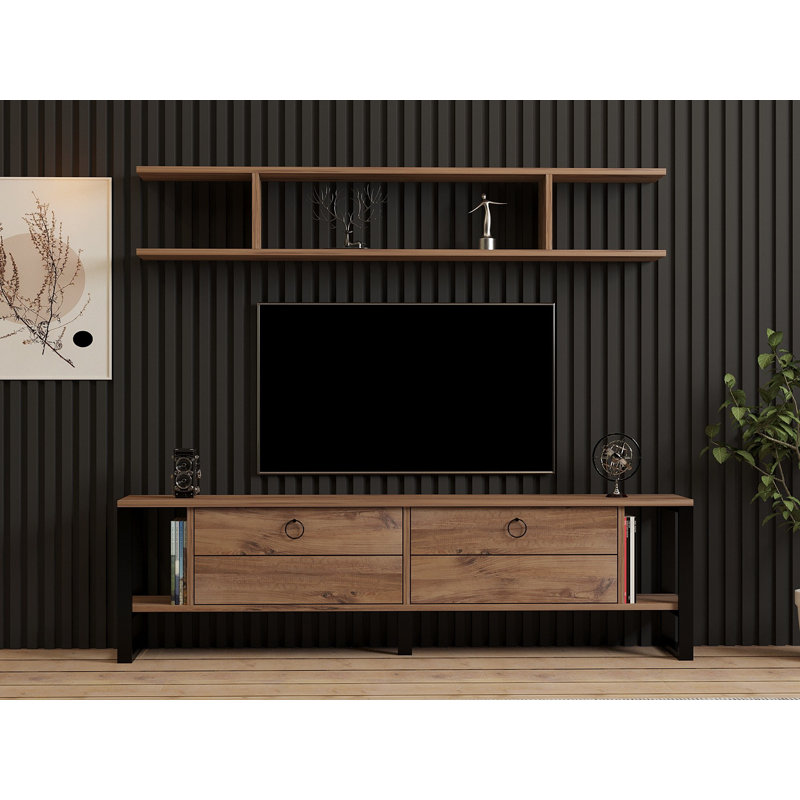 Modern TV Stand with Wall Shelf, Atlantic Pine Color, 63.0 x 17.7 x 11.8 inches | 100% Melamine Coated Particle Board & 100% Metal Frame, Stylish Industrial Design, Perfect for Living Room & Entertainment Spaces