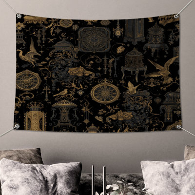Ornate Clocks Birds Motifs Wall Tapestry - Clocks Wall Decor