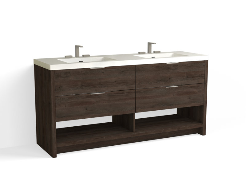 Vue 72" W Freestanding Double Bathroom Vanity, Biondo, Satin Nickel, Glossy White/8" Widespread