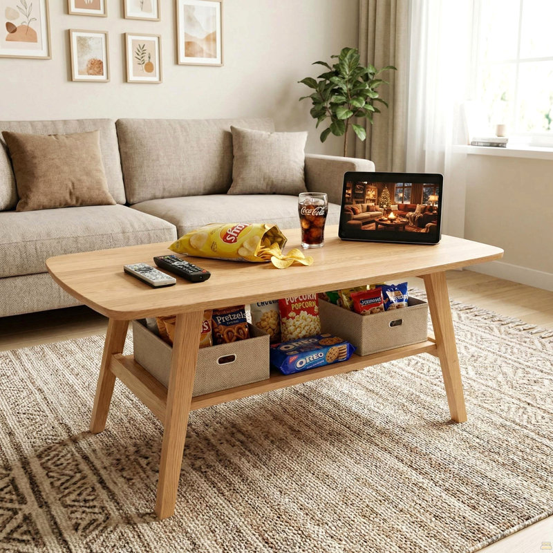 Mid Century Modern Coffee Table, 100% Solid Oak Wood Coffee Table With Storage Shelf, 2-Tier Coffee Table With Rounded Corners