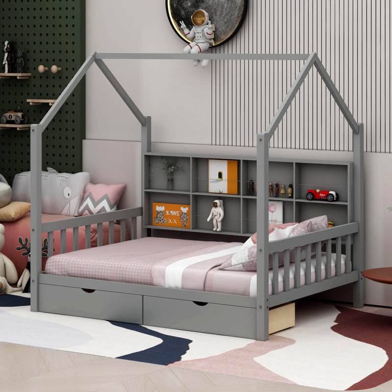 Antiope Kids Bed with Storage Shelf, Gray, Full 