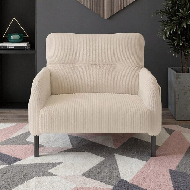 Chaise d'appoint en velours côtelé Afor avec design ergonomique et poches latérales, structure en bois massif, Beige