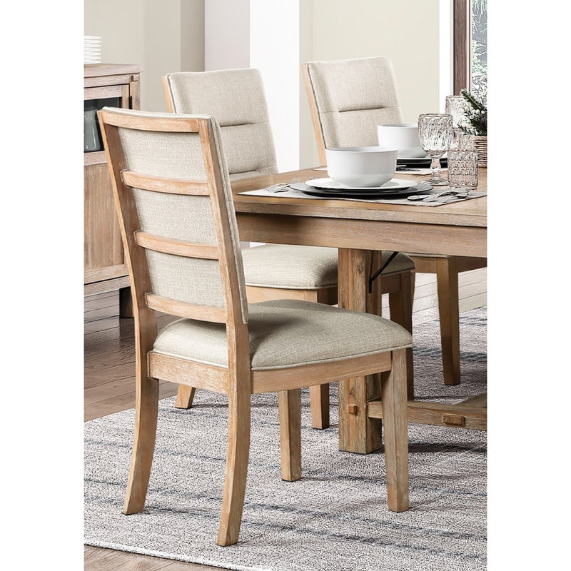 Chaises de salle à manger 2 pièces en chêne rustique, siège et dossier en tissu beige, construction en bois à échelle Ladder, coussin de dossier rembourré