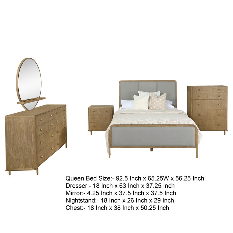 Ensemble de chambre avec grand lit 5 pièces Fij, miroir de commode, brun sable, revêtement gris, Grand lit
