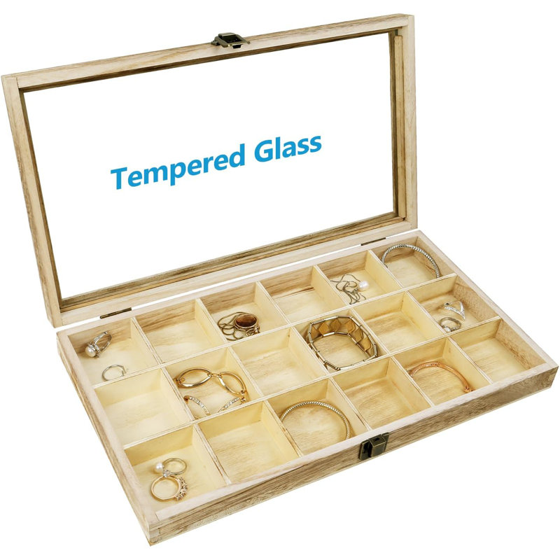 Wooden Jewellery Display Case With Tempered Glass Lid & 18 Compartments Tray, Rock Collection Box, Crystal Display Case, Oak Colour