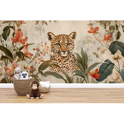 Papier peint léopard jungle tropicale - imprimé animal exotique avec orchidées et feuilles de palmier, peinture murale botanique safari, décoration intérieure Boho Wild Nature