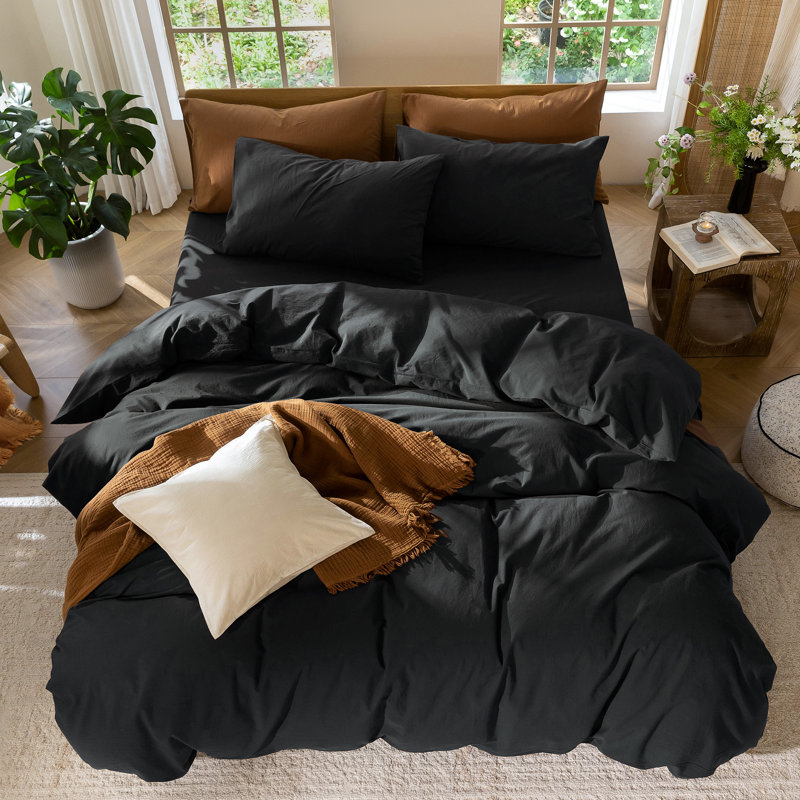 Ensemble de housse de couette 100% coton délavé MooMee, Housse de couette pour très grand lit et 2 taies , Noir