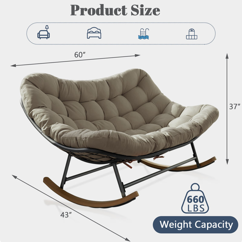 Chaise berçante de patio pour l'extérieur, surdimensionnée Papasan pour 2 personnes avec structure en acier enduit E et coussin épais