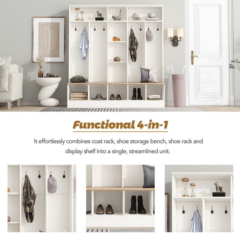 Hall Tree With Storage Bench - Minimalist Shoe Cabinet With Cubby Compartments And Shelves, White
