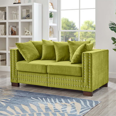 Modern Design Velvet Upholstered Loveseat with Square Armrests and Silver Nails, Ideal for Stylish and Comfortable Living Rooms.