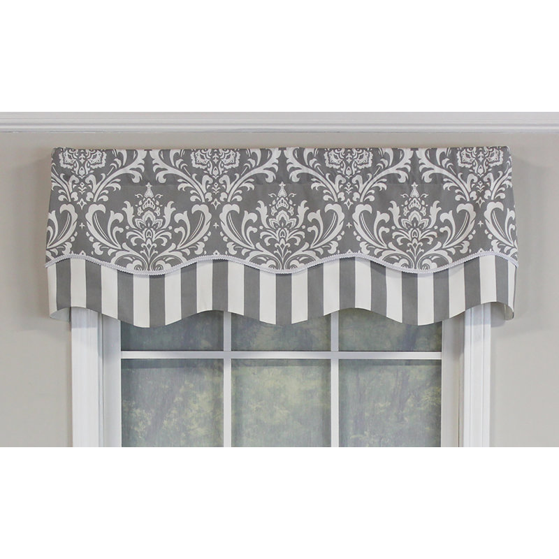 Cotton Blend Damask Scalloped Window Valance, Gray