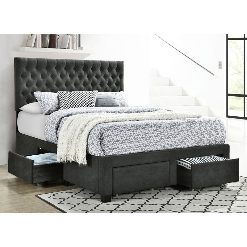 Lit à panneau double avec rangement gris, quatre tiroirs spacieux, tête de lit à boutons, ensemble de lattes pour matelas en bois massif