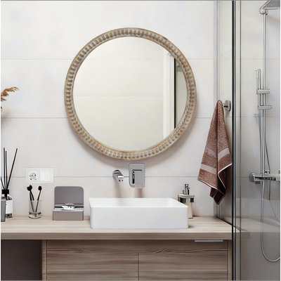 Miroir mural rond rond, miroir à cadre perlé en bois vieilli pour hall d'entrée, salon, salle de bain, miroir décoratif de style maison de campagne
