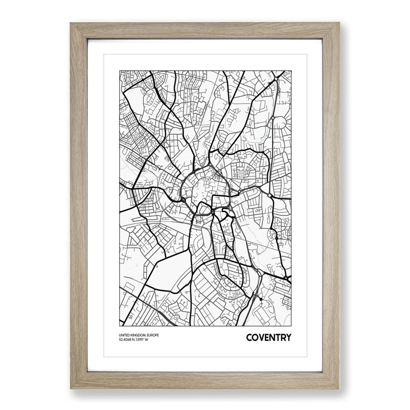 Map Coventry UK - Picture Frame Graphic Art, 48cm H x 36cm W x 2cm D, Oak Framed