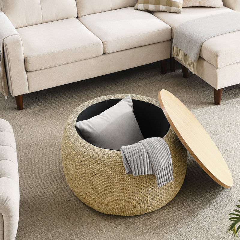 Round Storage Ottoman, 2 in 1 Function, Work as End table and Ottoman, Natural