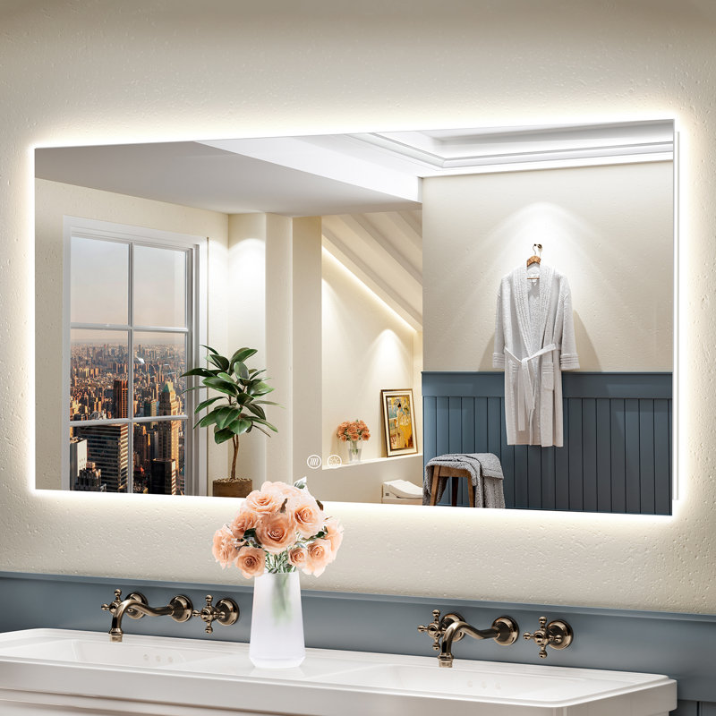 Bathroom LED Mirror with Backlit, Anti Fog Lighted Vanity Mirror with Stepless Dimmable, ETL Listed, IP54 Waterproof, CRI90+, HD Tempered Glass